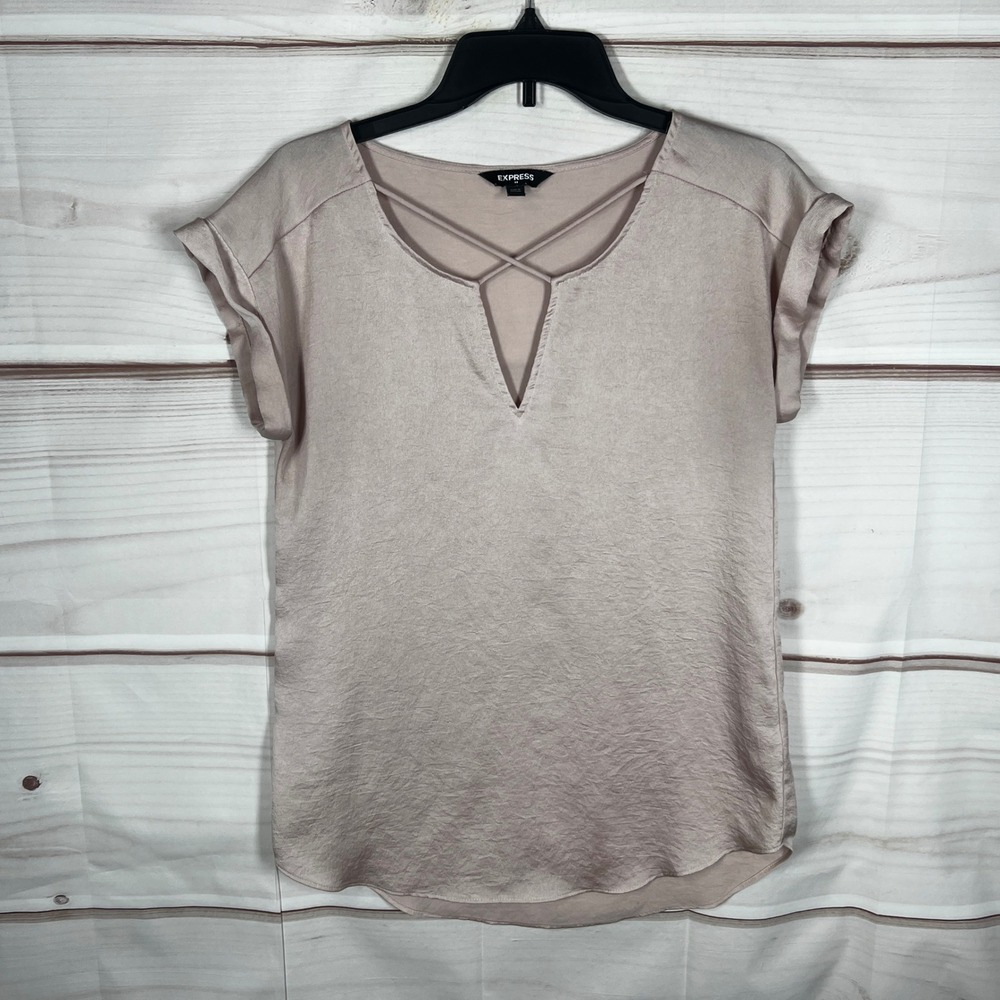 Express Strappy V-Neck Blouse Womens Small Pink Solid Short Sleeve Satin‎ Top